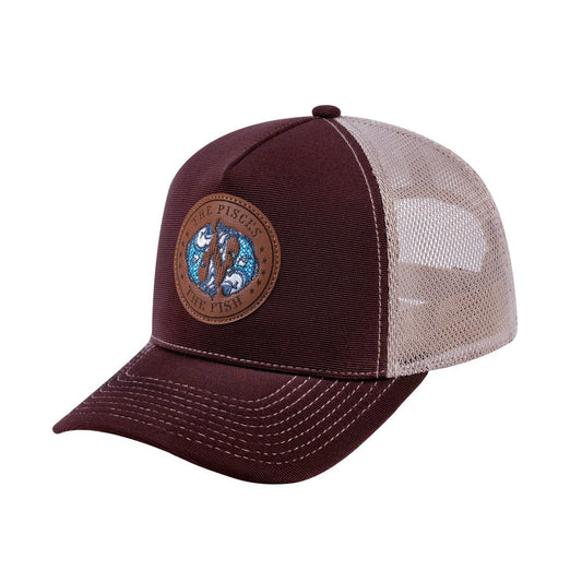 Pisces Zodiac V2 5-Panel Trucker Hat with Dark Brown front and Khaki back