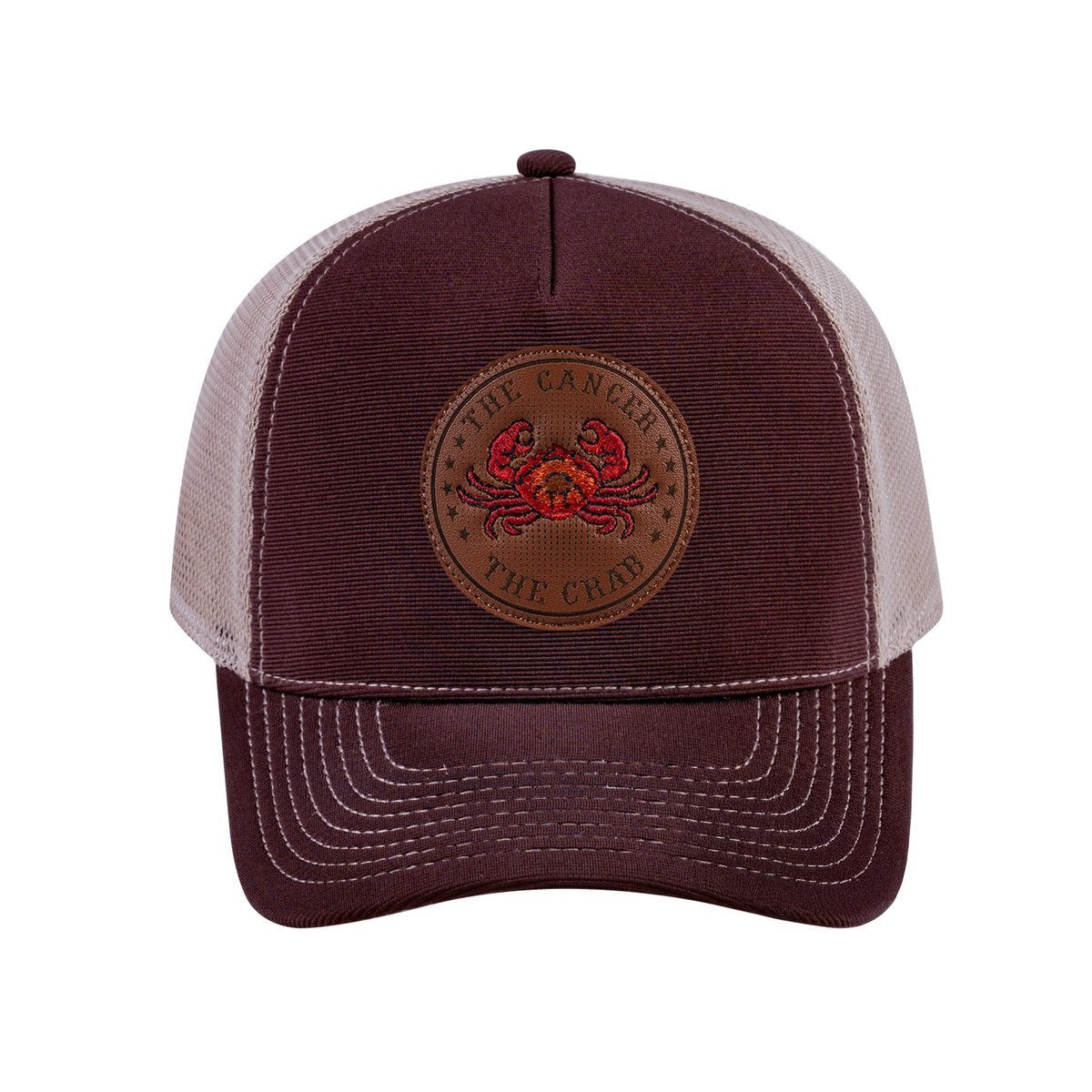 Cancer Zodiac V2 5-Panel Trucker Hat with Dark Brown front and Khaki back