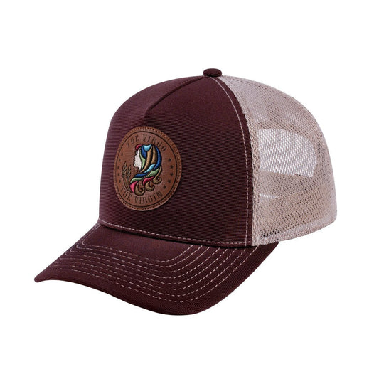 Virgo Zodiac V2 5-Panel Trucker Hat with Dark Brown front and Khaki back