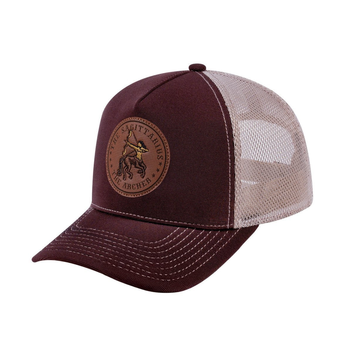 Sagittarius Zodiac V2 5-Panel Trucker Hat with Dark Brown front and Khaki back