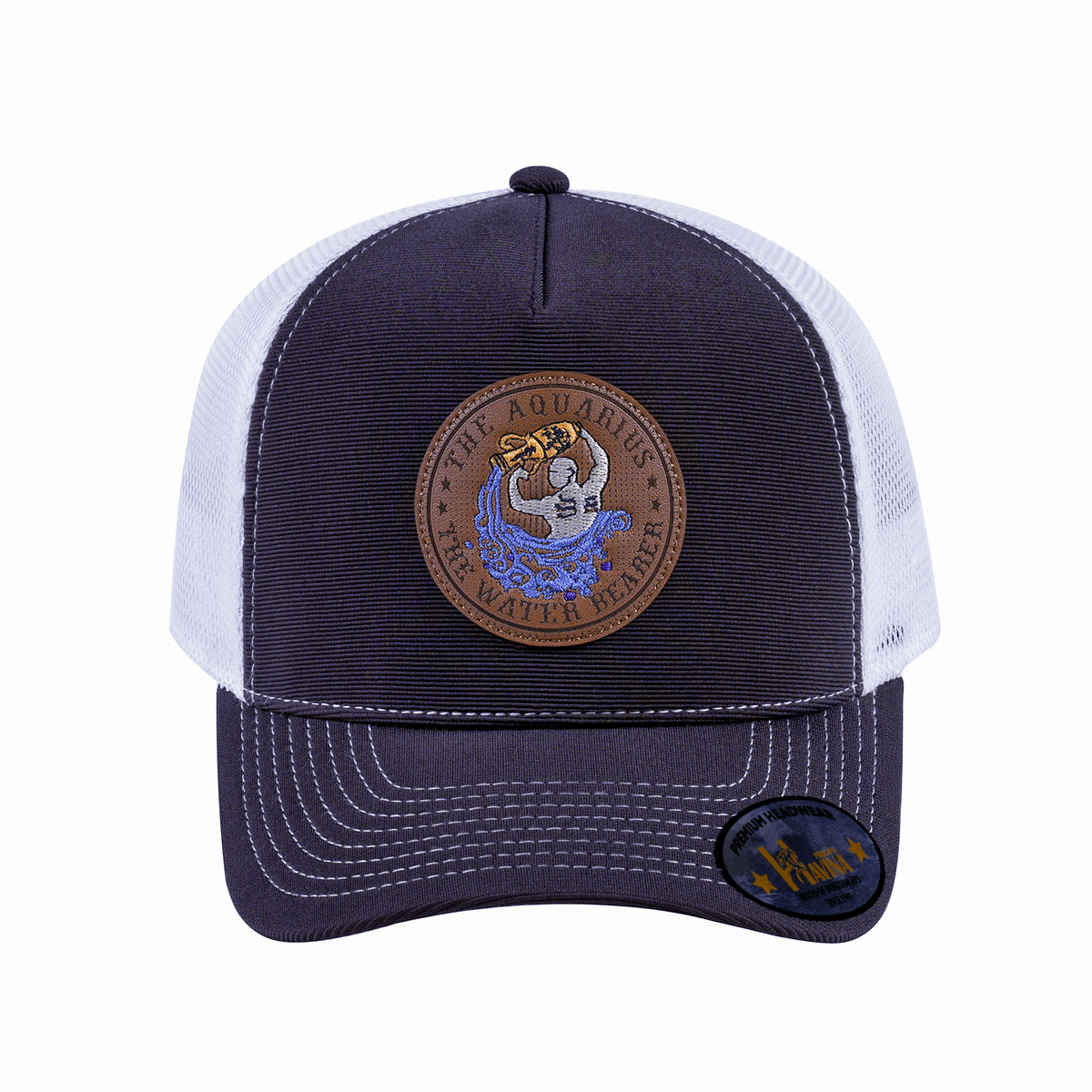 V2 Embroidered And Laser-Engraved Aquarius Zodiac (January 20 - February 18) - 5 Panel Trucker Hat - Dark Grey/White