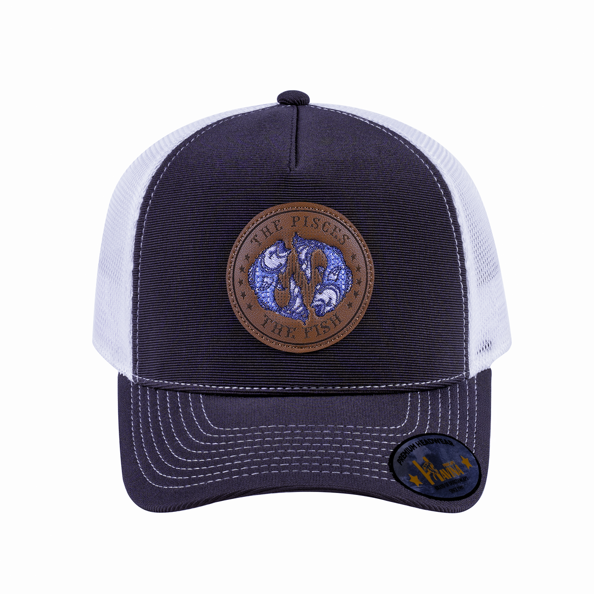 Pisces Zodiac V2 5-Panel Trucker Hat with Dark Grey front and White back