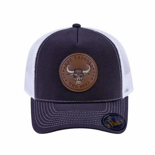 V2 Embroidered And Laser-Engraved Taurus Zodiac (April 20 - May 20) - 5 Panel Trucker Hat - Dark Grey/White