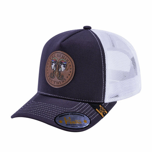V2 Embroidered And Laser-Engraved Virgo Zodiac (August 23 - September 22) - 5 Panel Trucker Hat - Dark Grey/White