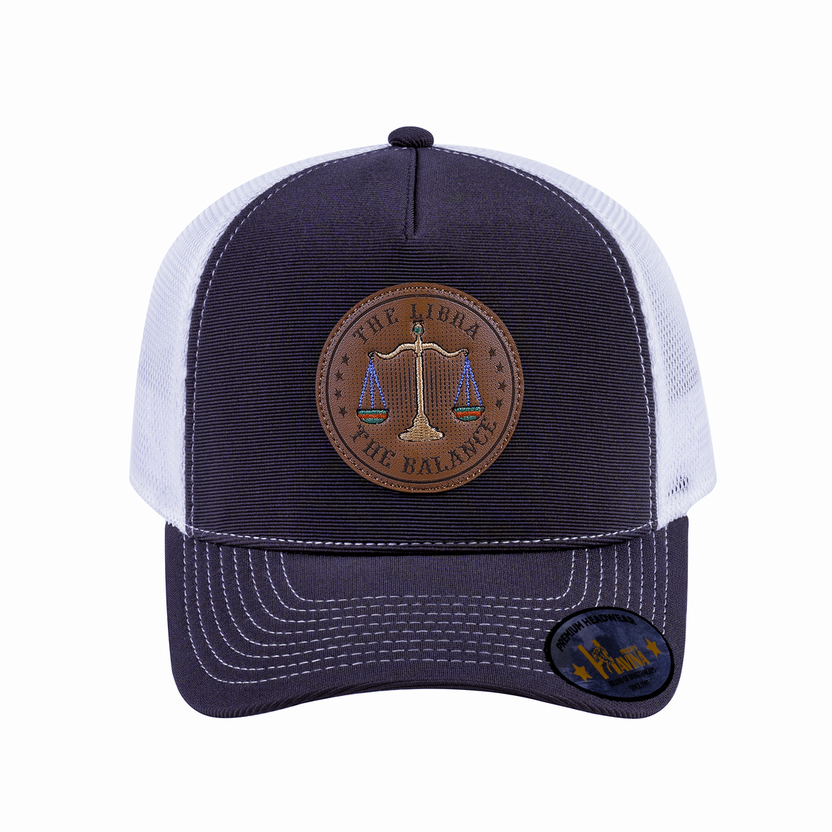 V2 Embroidered And Laser-Engraved Libra Zodiac (September 23 - October 22) - 5 Panel Trucker Hat - Dark Grey/White
