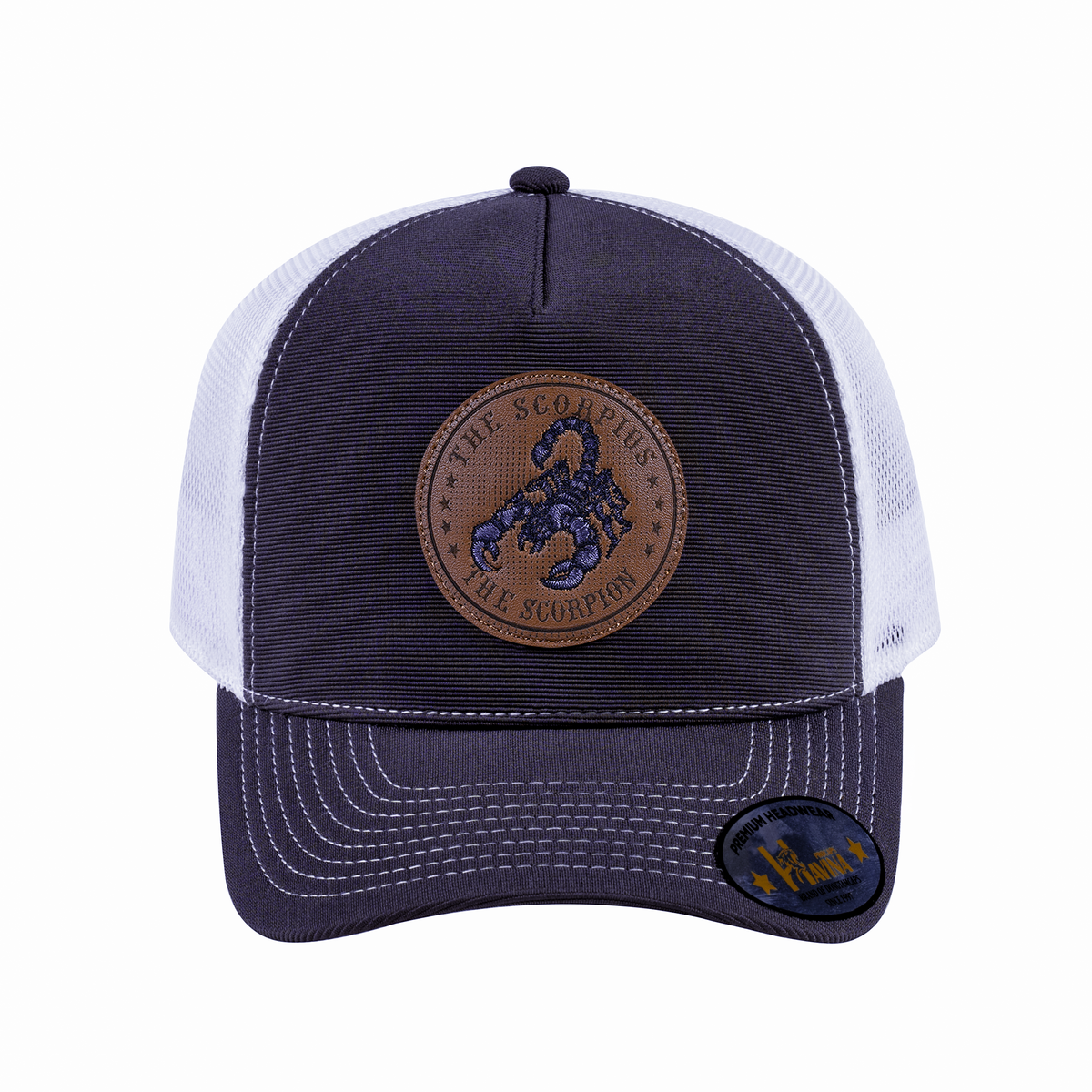 V2 Embroidered And Laser-Engraved Scorpius Zodiac (October 23 - November 21) - 5 Panel Trucker Hat - Dark Grey/White