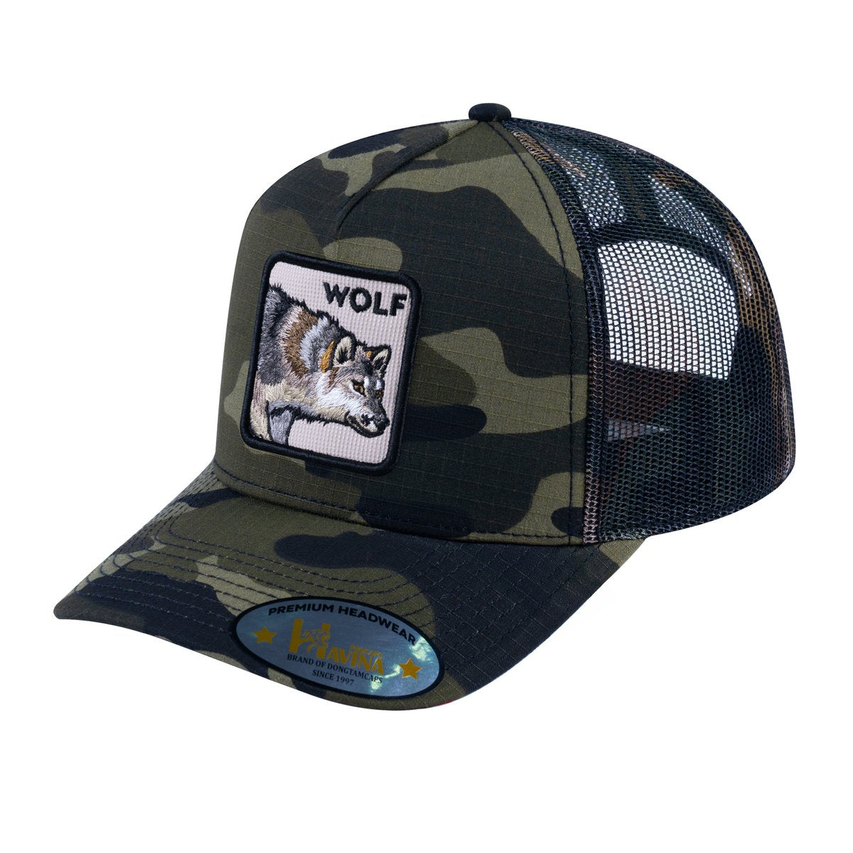 Wolf V2 5-Panel Trucker Hat with Green Camo front and Green Camo back