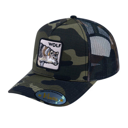 Wolf V2 5-Panel Trucker Hat with Green Camo front and Green Camo back