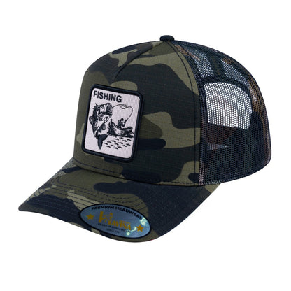 Fishing V2 5-Panel Trucker Hat with Green Camo front and Green Camo back