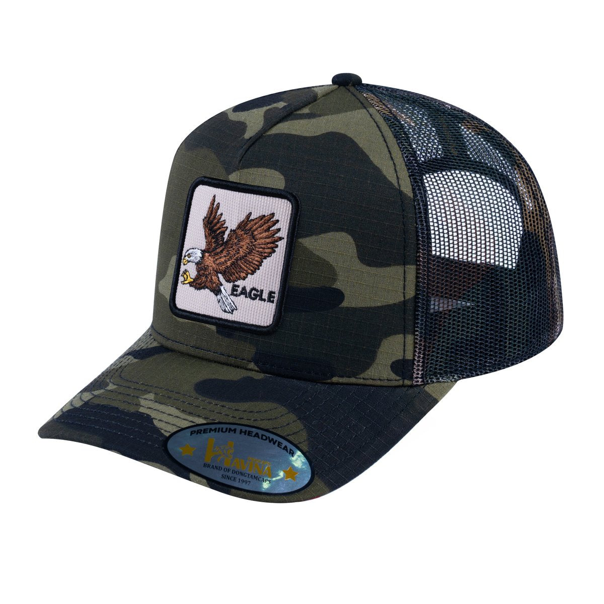 Eagle V2 5-Panel Trucker Hat with Green Camo front and Green Camo back