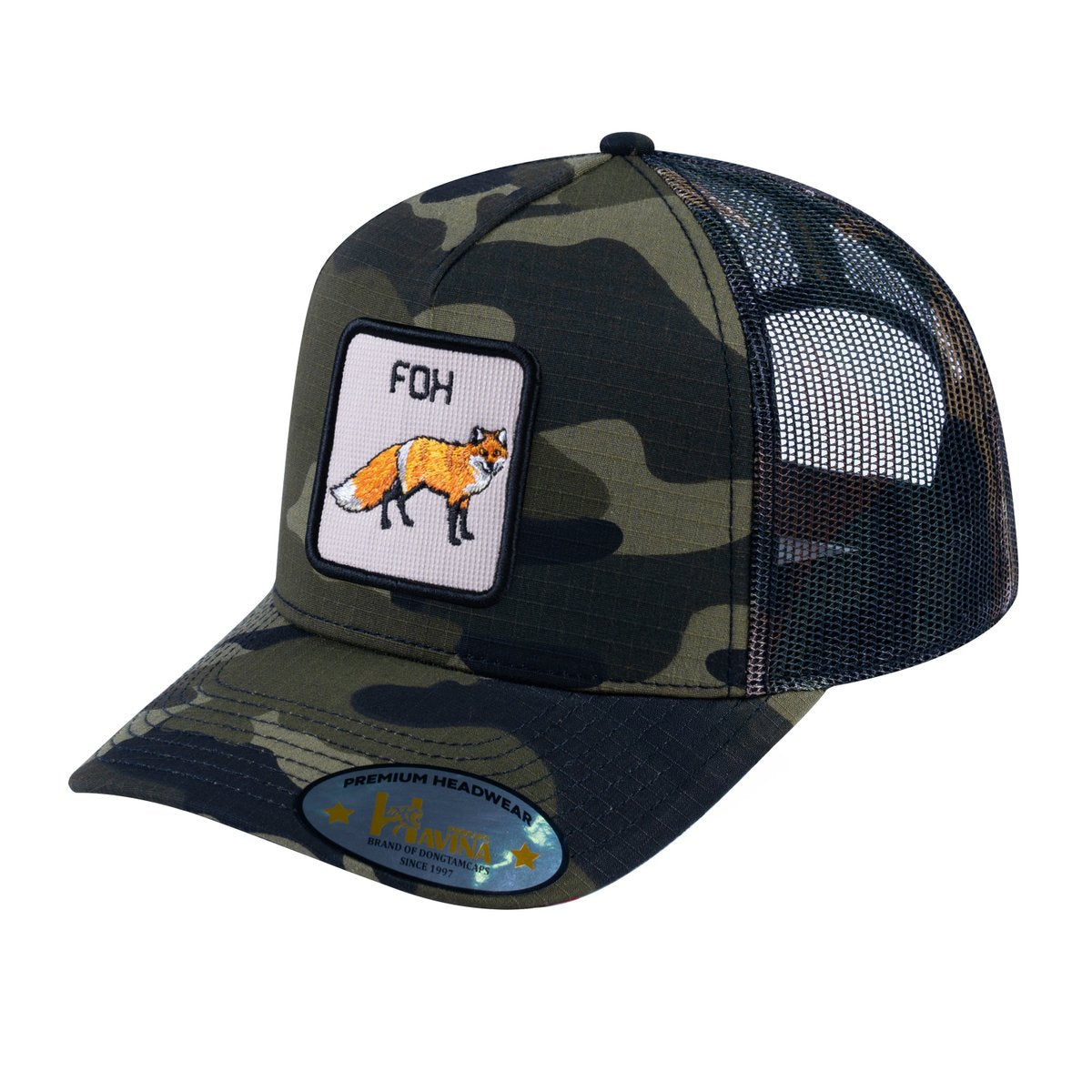 Fox V2 5-Panel Trucker Hat with Green Camo front and Green Camo back