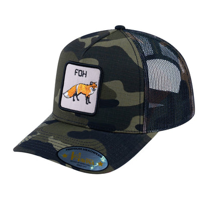 Fox V2 5-Panel Trucker Hat with Green Camo front and Green Camo back