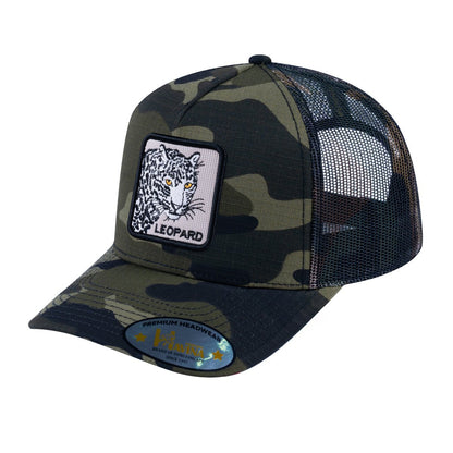 Leopard V2 5-Panel Trucker Hat with Green Camo front and Green Camo back