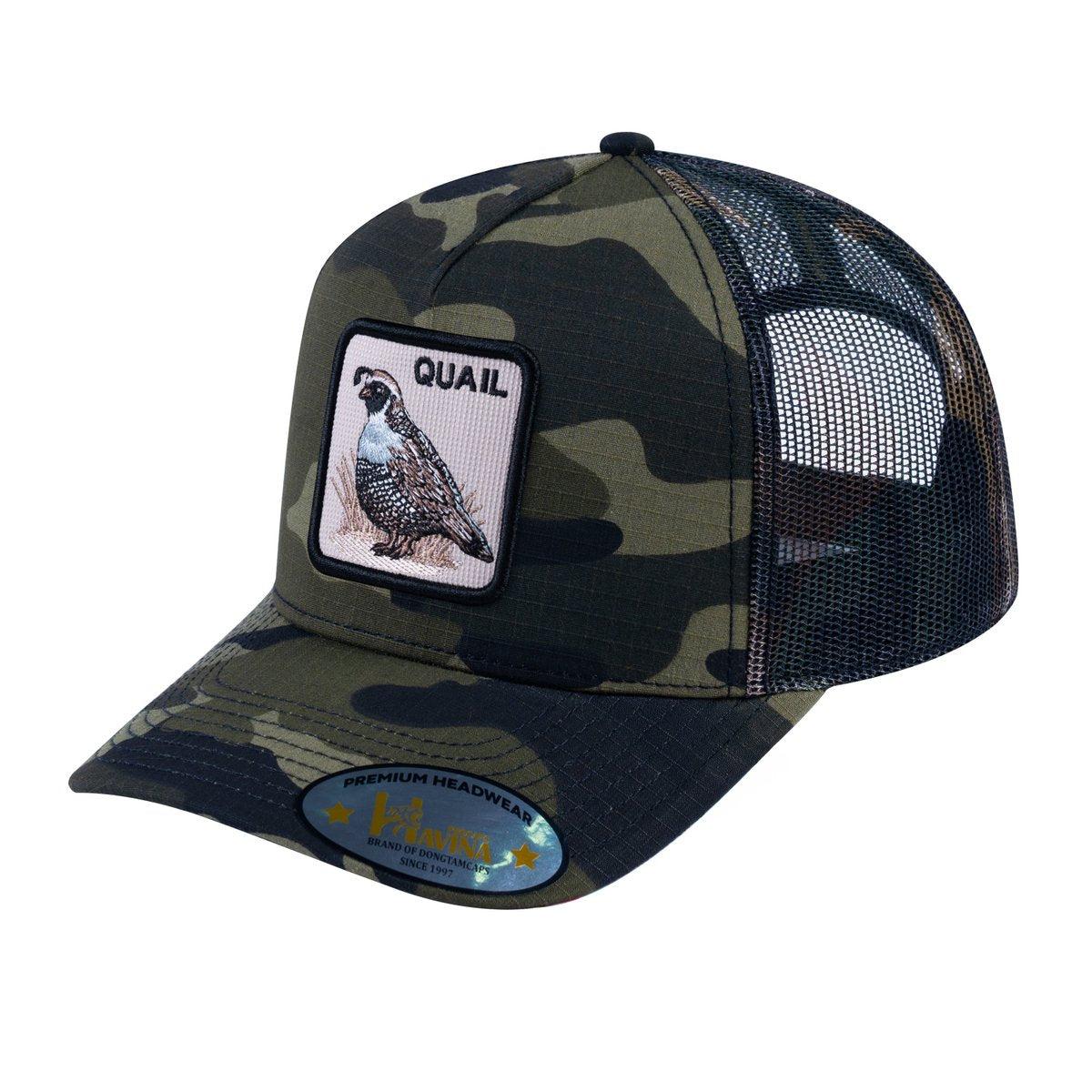 Quail V2 5-Panel Trucker Hat with Green Camo front and Green Camo back