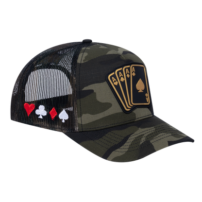 Winner Poker 10JQKA 5-Panel Trucker Hat - Green Camo front / Green Camo back / WINNER1