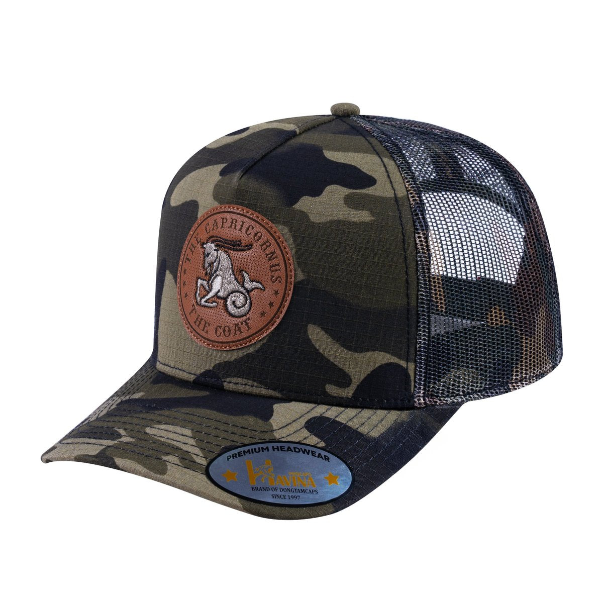 Capricorn Zodiac V2 5-Panel Trucker Hat with Green Camo front and Green Camo back