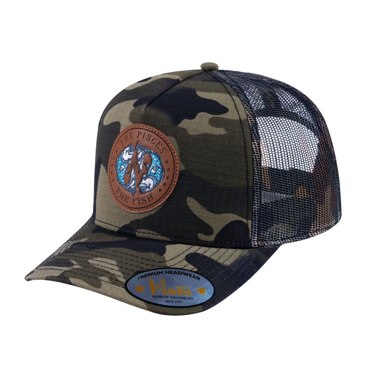 Pisces Zodiac V2 5-Panel Trucker Hat with Green Camo front and Green Camo back