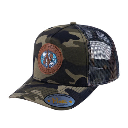 Pisces Zodiac V2 5-Panel Trucker Hat with Green Camo front and Green Camo back
