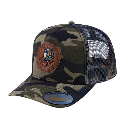 Virgo Zodiac V2 5-Panel Trucker Hat with Green Camo front and Green Camo back