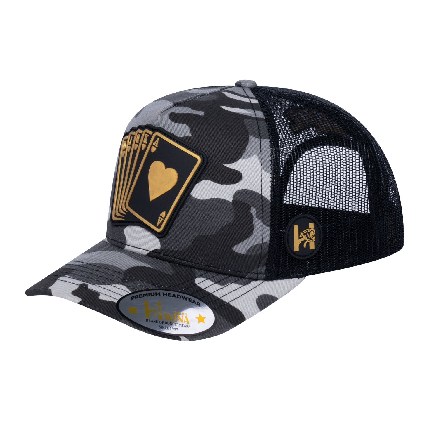 Poker 10JQKA 5-Panel Trucker Hat - Grey Camo front / Black back / POKER1