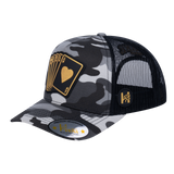 Poker 10JQKA 5-Panel Trucker Hat - Grey Camo front / Black back / POKER1