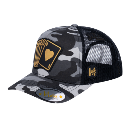 Poker 10JQKA 5-Panel Trucker Hat - Grey Camo front / Black back / POKER1