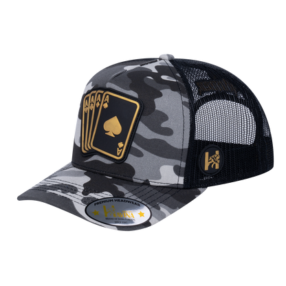 Winner Poker 10JQKA 5-Panel Trucker Hat - Grey Camo front / Black back / WINNER1