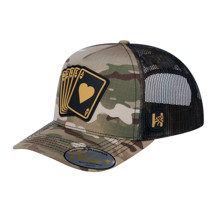 Poker 10JQKA 5-Panel Trucker Hat - Khaki Camo front / Green Camo back / POKER1