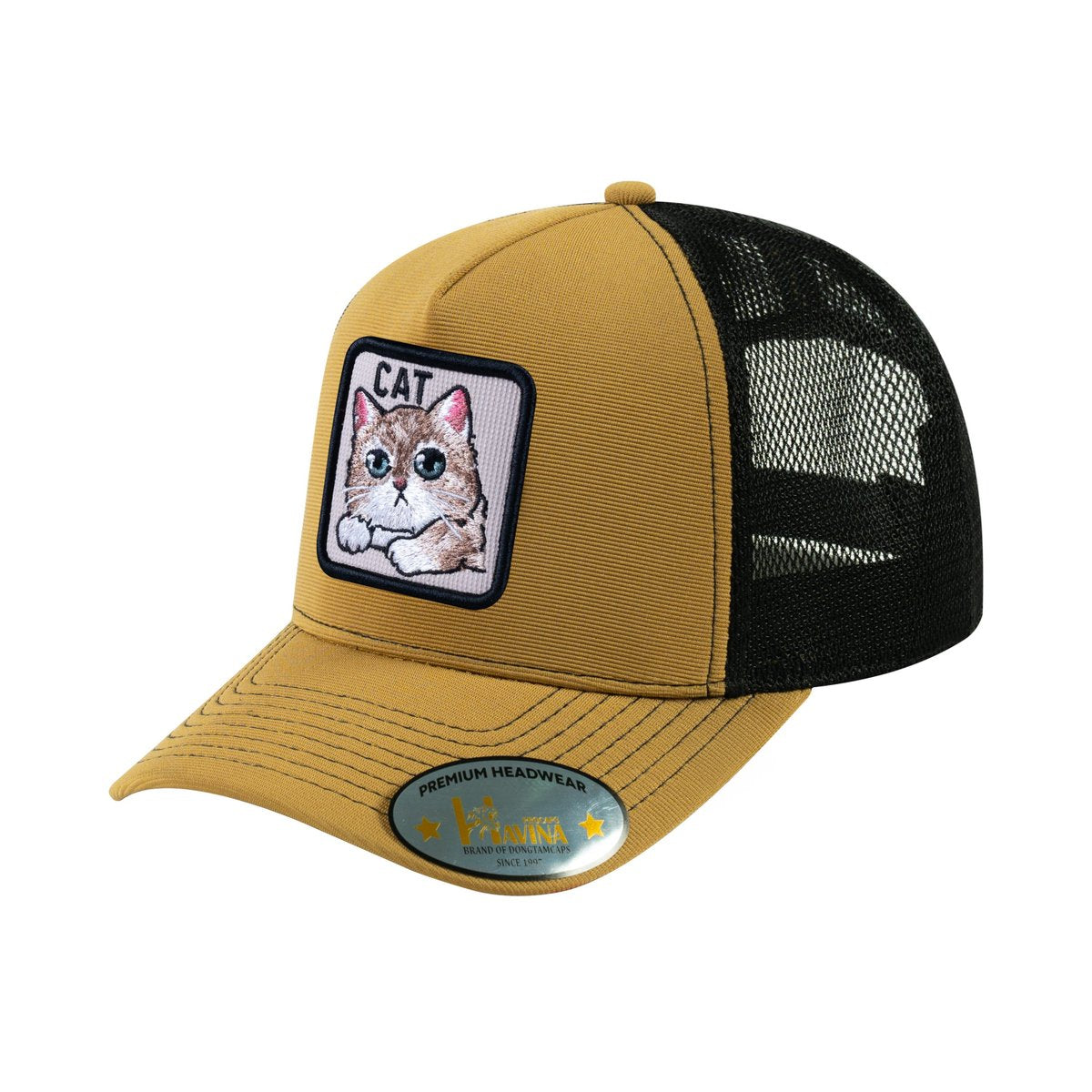 Cat V2 5-Panel Trucker Hat with Light Brown front and Black back