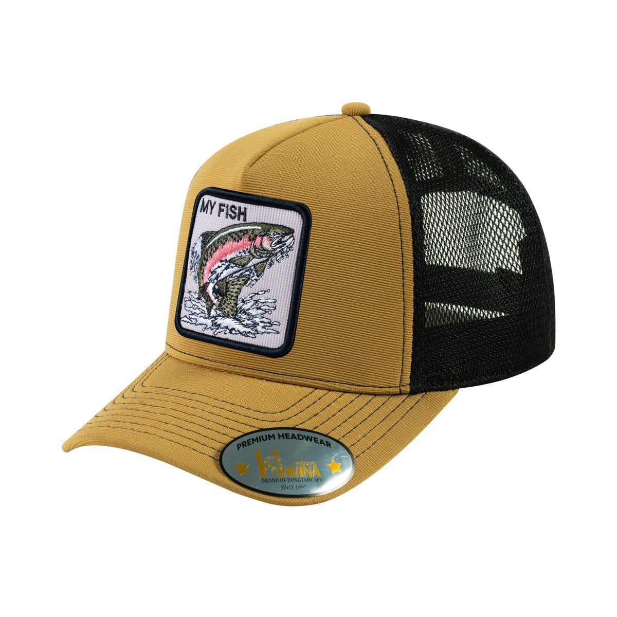 Salmon V2 5-Panel Trucker Hat with Light Brown front and Black back