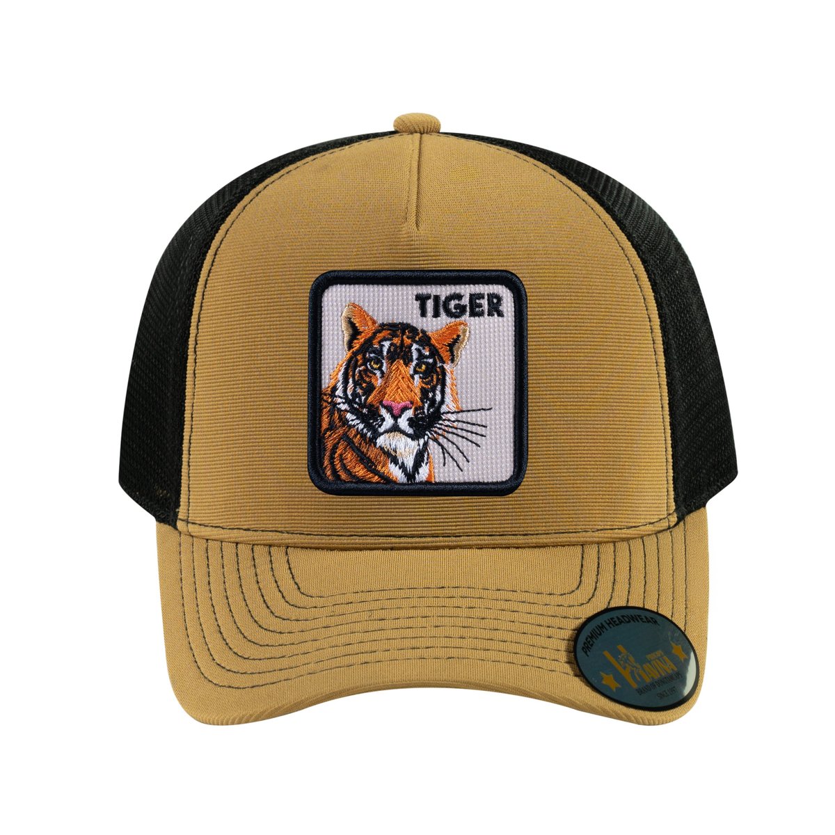 Tiger V2 5-Panel Trucker Hat with Light Brown front and Black back