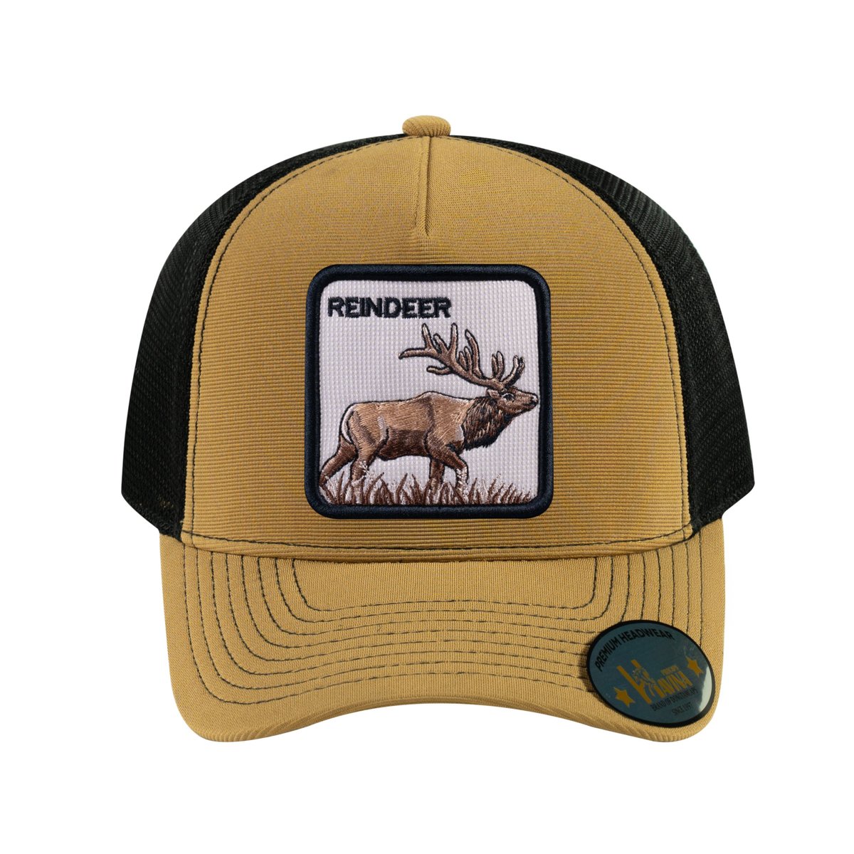 Reindeer V2 5-Panel Trucker Hat with Light Brown front and Black back