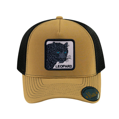Leopard V2 5-Panel Trucker Hat with Light Brown front and Black back