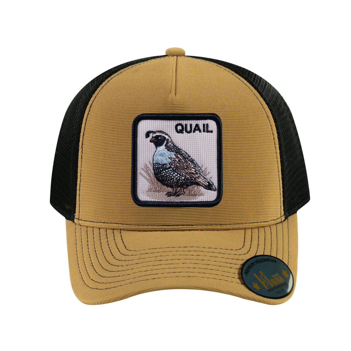 Quail V2 5-Panel Trucker Hat with Light Brown front and Black back