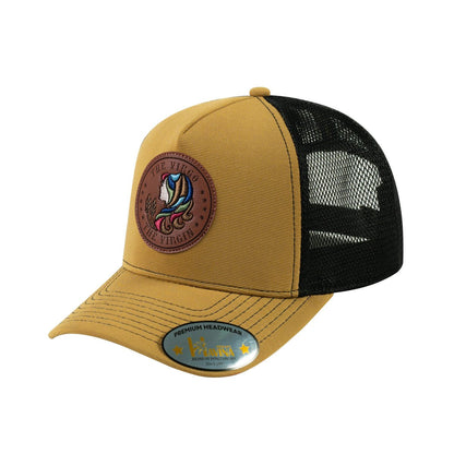 Virgo Zodiac V2 5-Panel Trucker Hat with Light Brown front and Black back