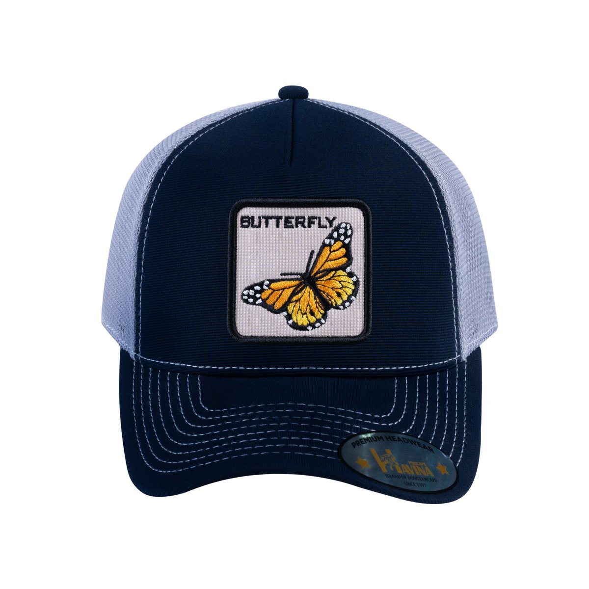 Butterfly V2 5-Panel Trucker Hat with Navy front and Light Grey back