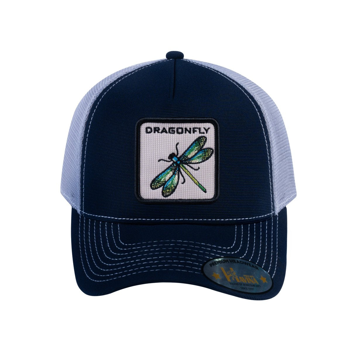 Dragonfly V2 5-Panel Trucker Hat with Navy front and Light Grey back