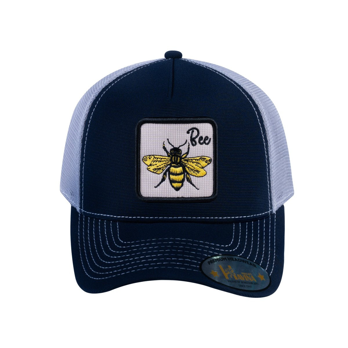 Bee V2 5-Panel Trucker Hat with Navy front and Light Grey back