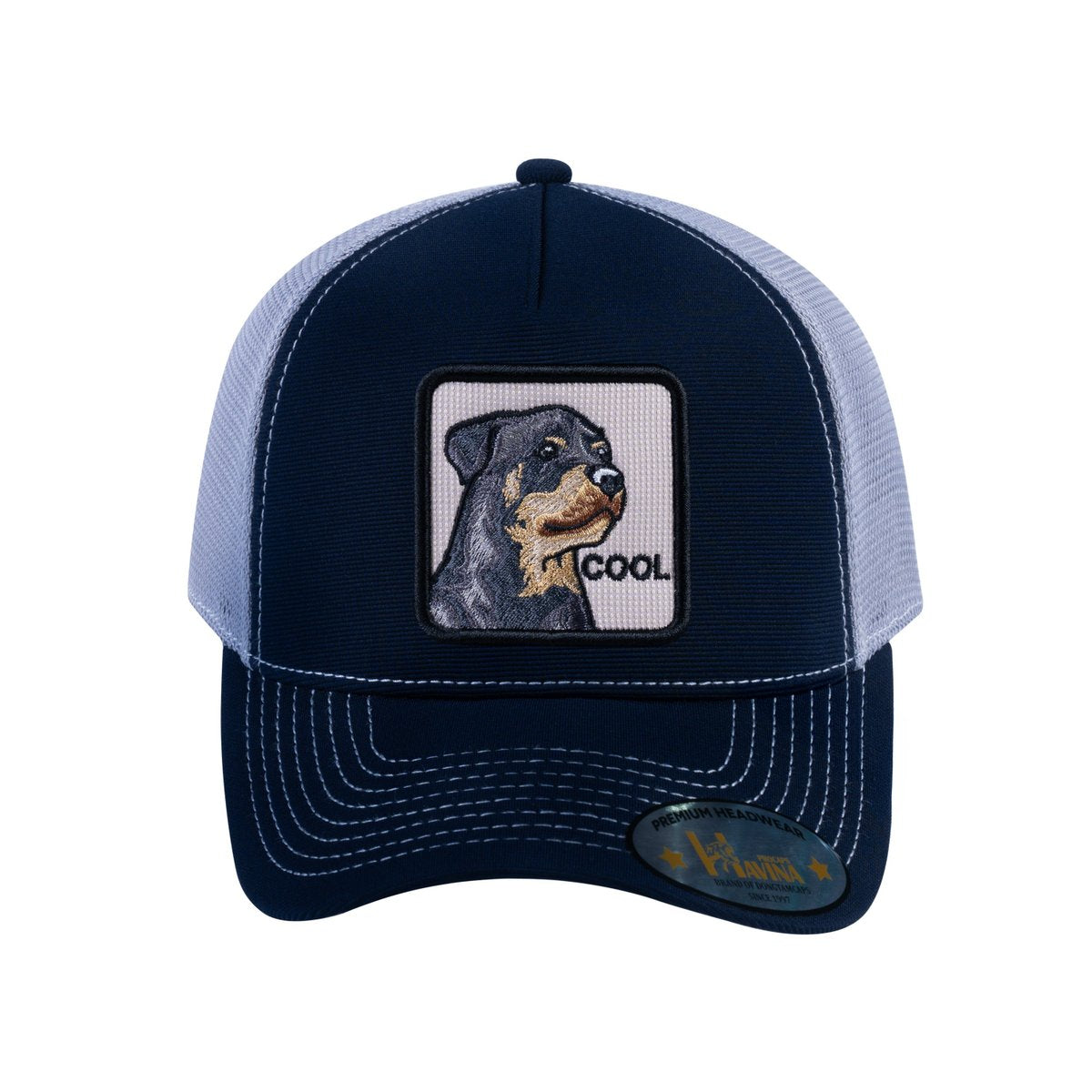 Dog V2 5-Panel Trucker Hat with Navy front and Light Grey back