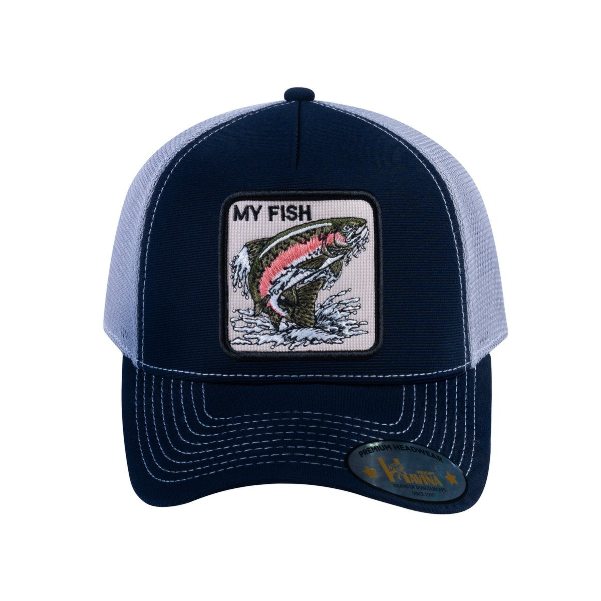 Salmon V2 5-Panel Trucker Hat with Navy front and Light Grey back