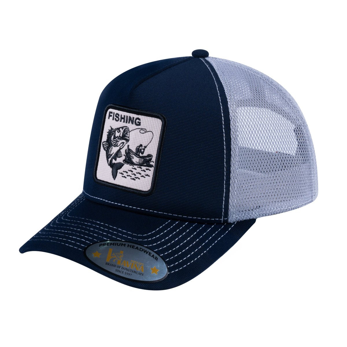 V2 Embroidered The Fishing - 5 Panel Trucker Hat - Navy/Light Grey