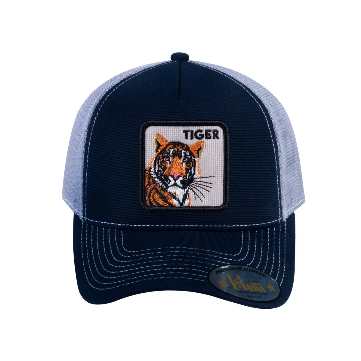 Tiger V2 5-Panel Trucker Hat with Navy front and Light Grey back