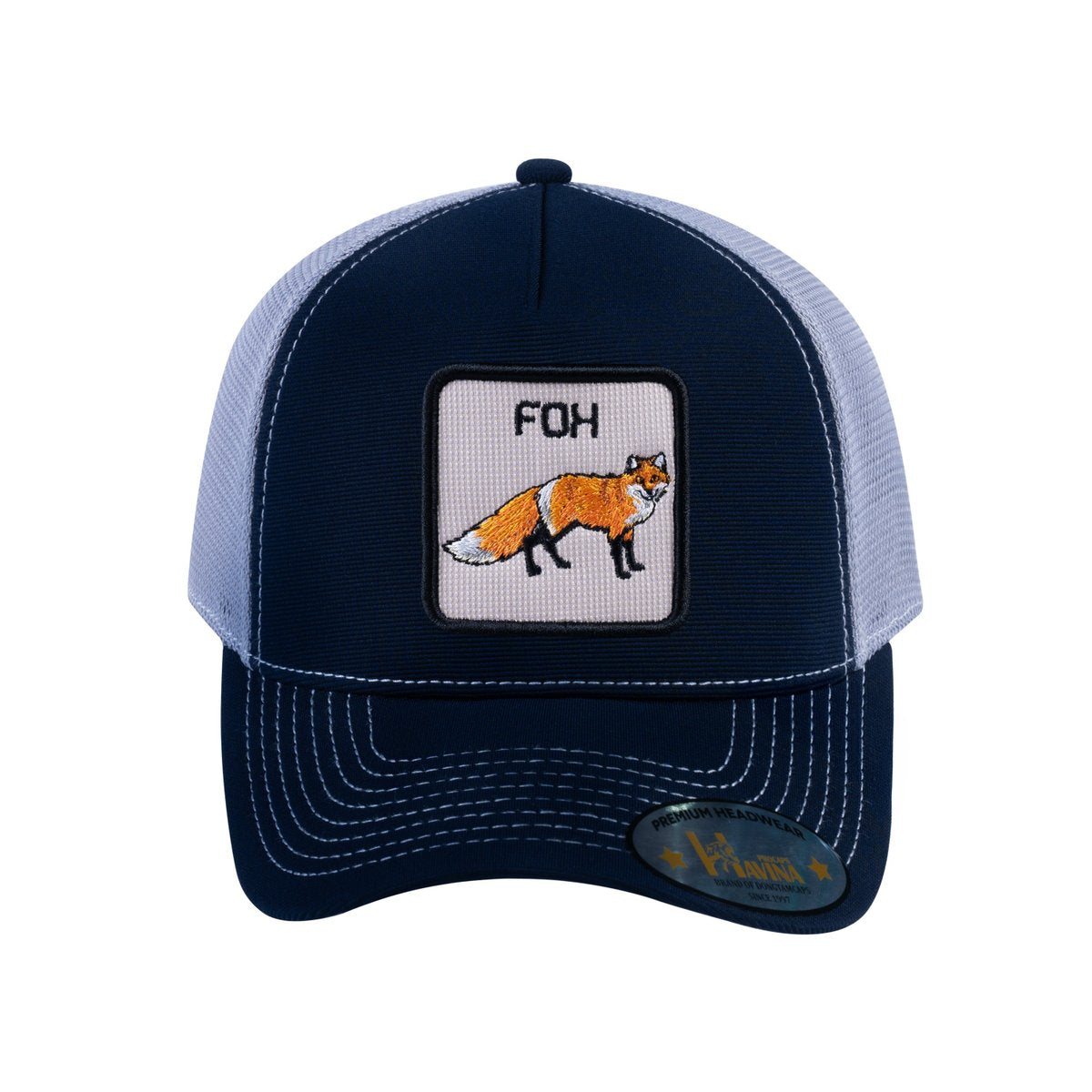 Fox V2 5-Panel Trucker Hat with Navy front and Light Grey back