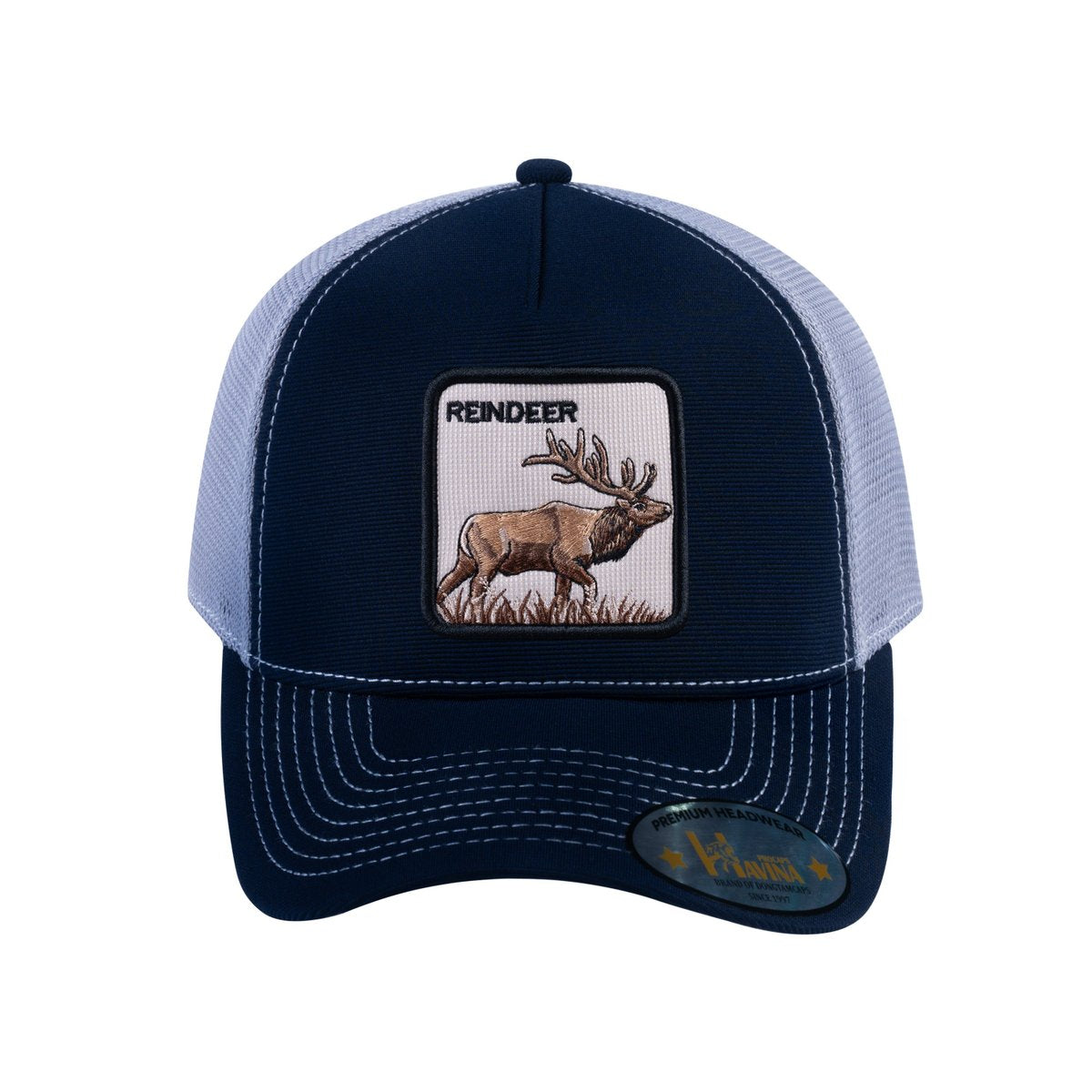 Reindeer V2 5-Panel Trucker Hat with Navy front and Light Grey back