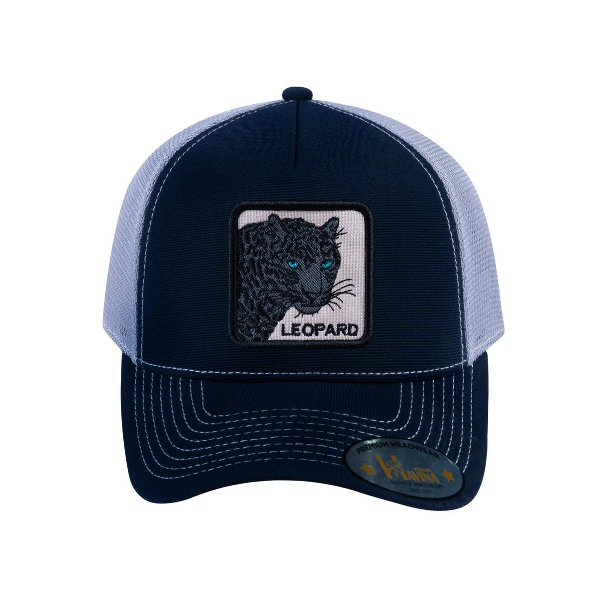 Leopard V2 5-Panel Trucker Hat with Navy front and Light Grey back