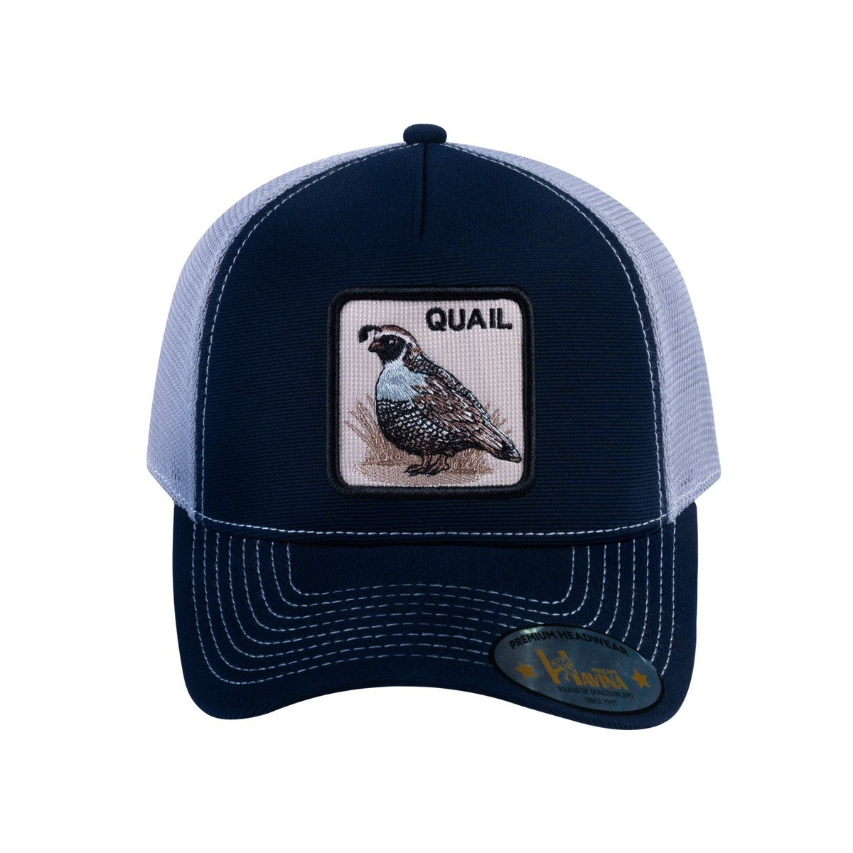 Quail V2 5-Panel Trucker Hat with Navy front and Light Grey back