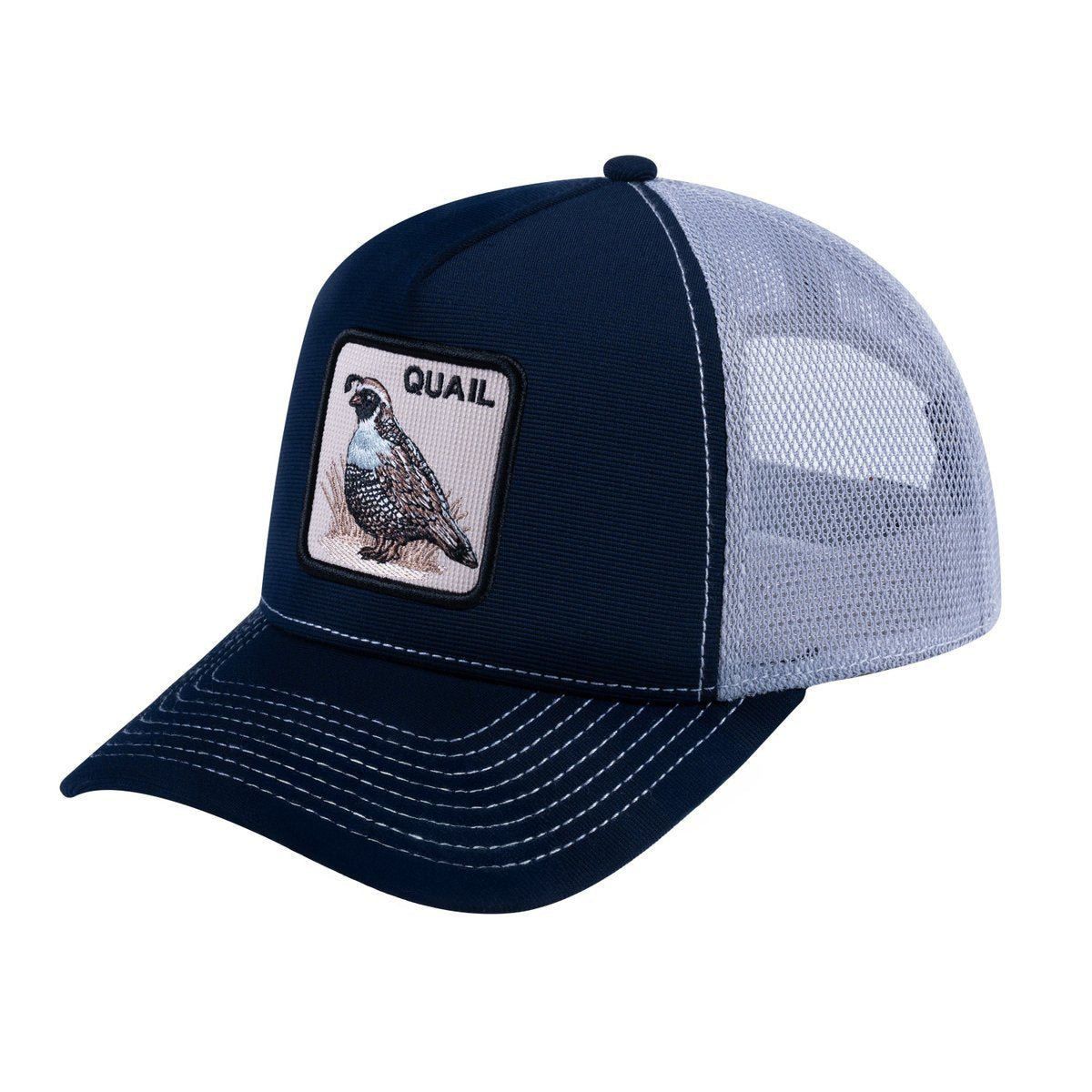 Quail V2 5-Panel Trucker Hat with Navy front and Light Grey back