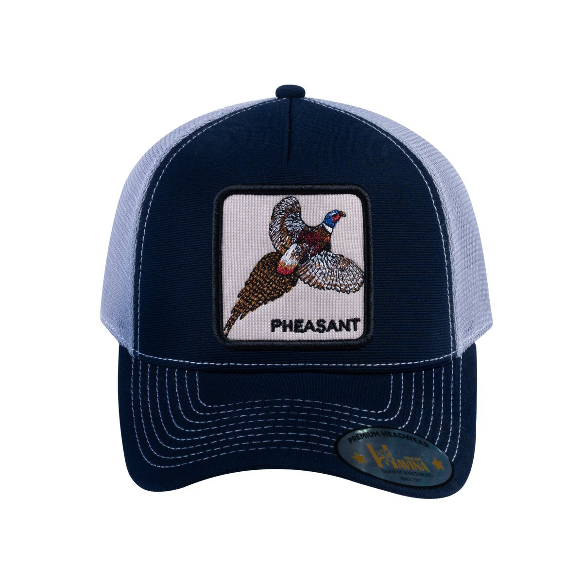 Pheasant V2 5-Panel Trucker Hat with Navy front and Light Grey back