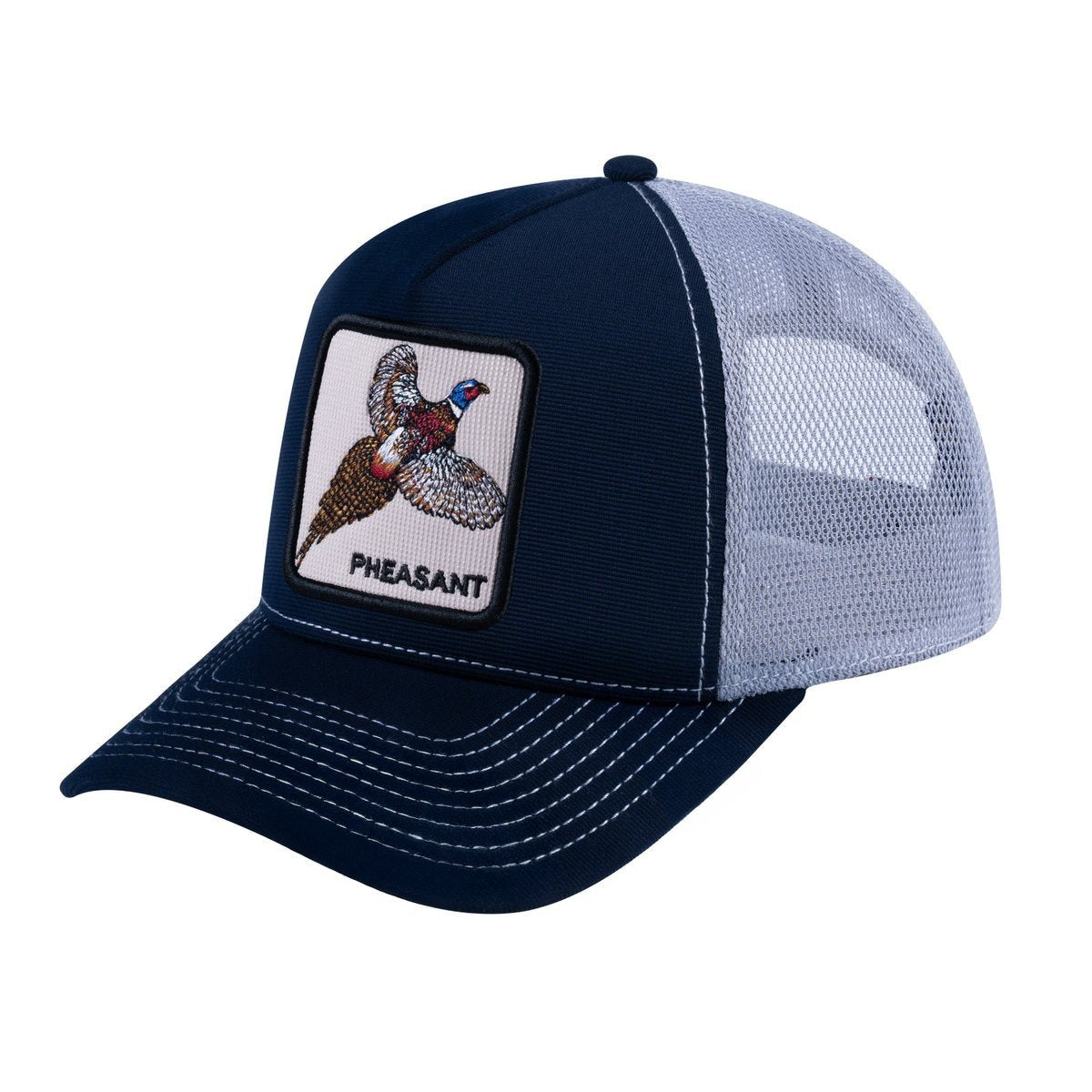 Pheasant V2 5-Panel Trucker Hat with Navy front and Light Grey back