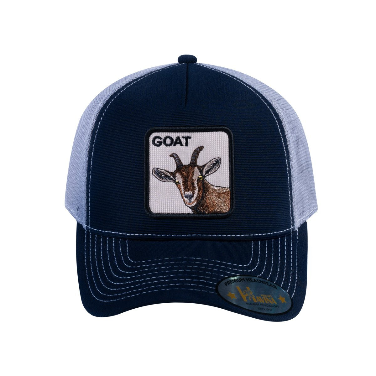 Goat V2 5-Panel Trucker Hat with Navy front and Light Grey back